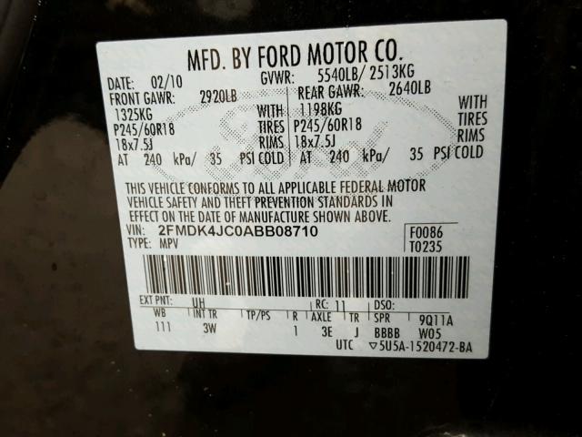 2FMDK4JC0ABB08710 - 2010 FORD EDGE SEL BLACK photo 10