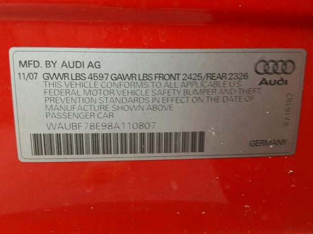 WAUBF78E98A110807 - 2008 AUDI A4 S-LINE RED photo 10