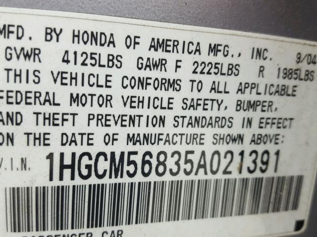 1HGCM56835A021391 - 2005 HONDA ACCORD EX SILVER photo 10