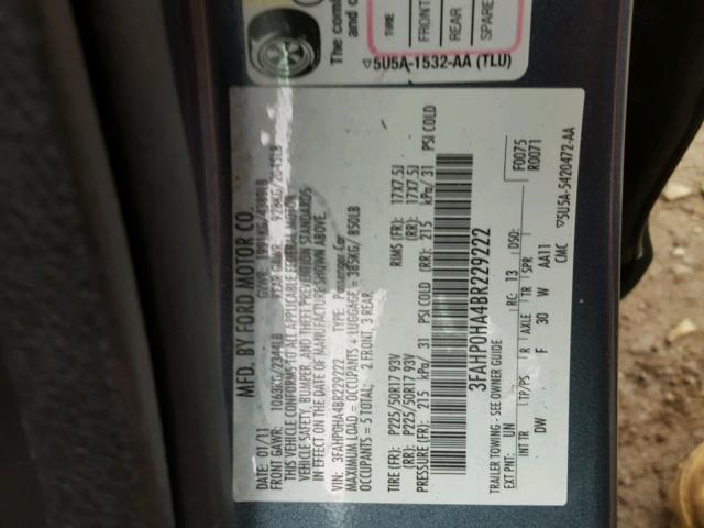 3FAHP0HA4BR229222 - 2011 FORD FUSION SE BLUE photo 10