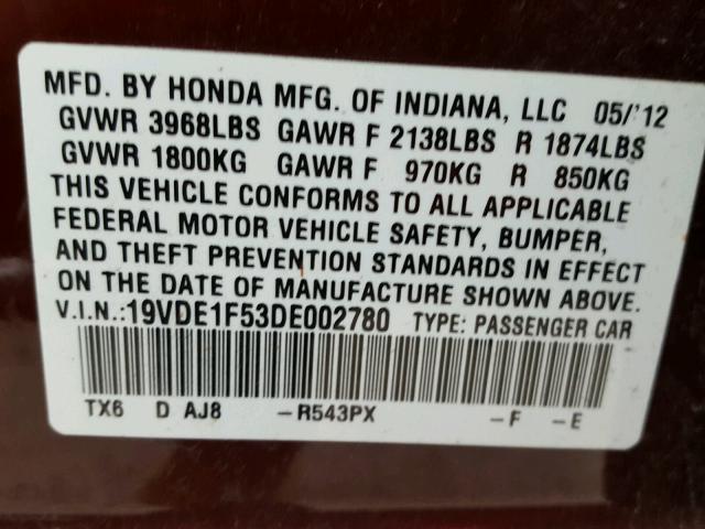 19VDE1F53DE002780 - 2013 ACURA ILX 20 PRE MAROON photo 10