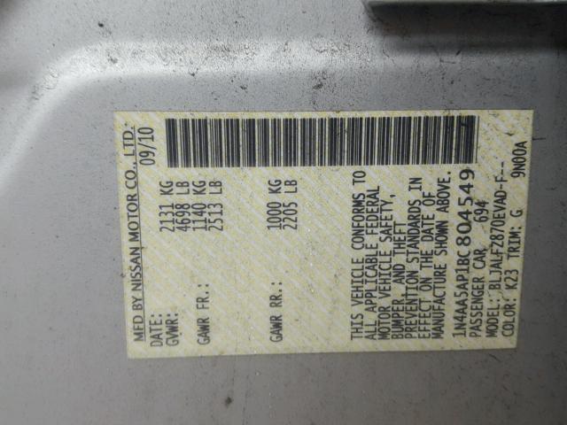 1N4AA5AP1BC804549 - 2011 NISSAN MAXIMA S Srebrny zdjęcie 10