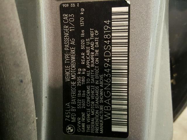 WBAGN63494DS48194 - 2004 BMW 745 LI Күміс фото 10