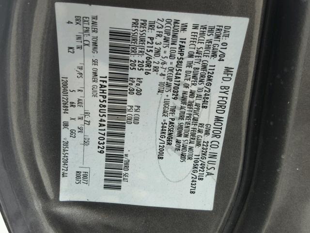 1FAHP58U54A170329 - 2004 FORD TAURUS SE GRAY photo 10