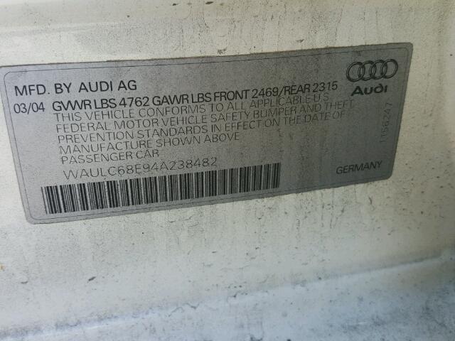 WAULC68E94A238482 - 2004 AUDI A4 1.8T QU WHITE photo 10