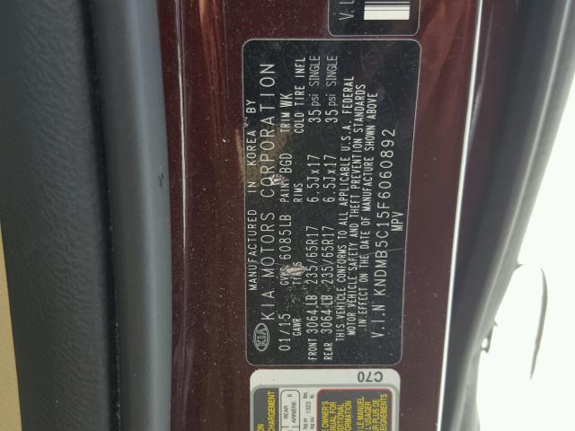 KNDMB5C15F6060892 - 2015 KIA SEDONA LX MAROON photo 10