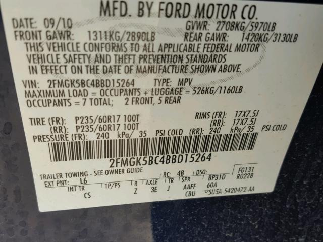 2FMGK5BC4BBD15264 - 2011 FORD FLEX SE BLUE photo 10