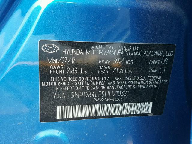 5NPD84LF5HH210321 - 2017 HYUNDAI ELANTRA SE BLUE photo 10