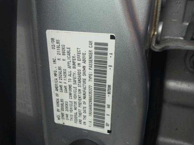 19UUA66298A035377 - 2008 ACURA TL SILVER photo 10