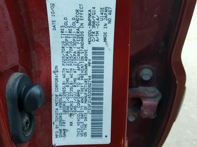 JTEGF21A530082744 - 2003 TOYOTA HIGHLANDER RED photo 10