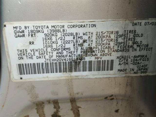 JTEHH20V416013458 - 2001 TOYOTA RAV4 SILVER photo 10