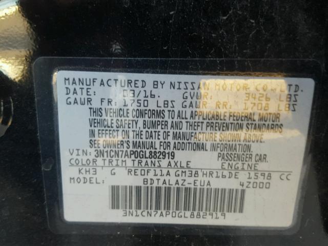 3N1CN7AP0GL882919 - 2016 NISSAN VERSA S BLACK photo 10