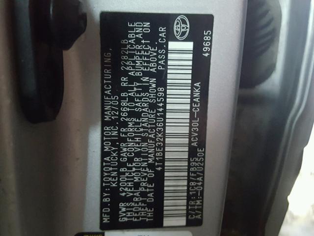 4T1BE32K36U144598 - 2006 TOYOTA CAMRY LE ვერცხლისფერი ფოტო 10