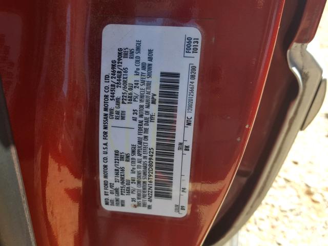 4N2ZN16T92D809425 - 2002 NISSAN QUEST SE RED photo 10