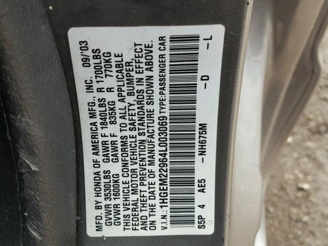 1HGEM22964L003069 - 2004 HONDA CIVIC EX GRAY photo 10