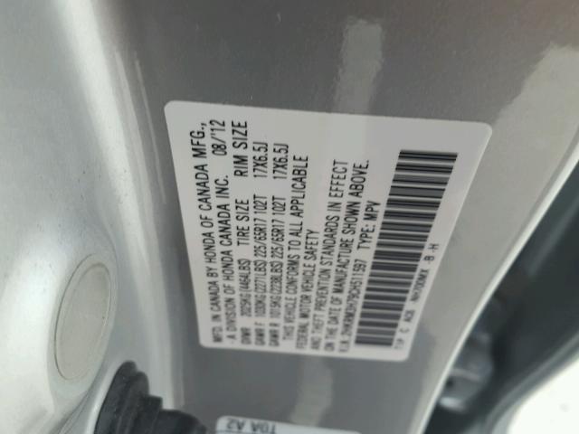 2HKRM3H79CH511597 - 2012 HONDA CR-V EXL GRAY photo 10