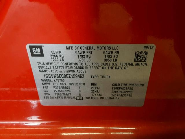 1GCVKSEC8EZ159463 - 2014 CHEVROLET SILVERADO RED photo 10