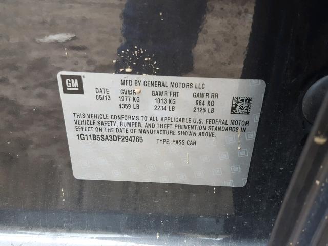 1G11B5SA3DF294765 - 2013 CHEVROLET MALIBU LS ნაცრისფერი ფოტო 10
