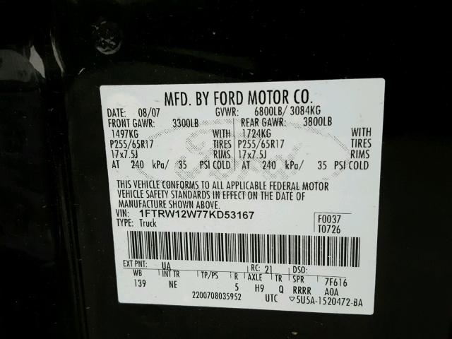 1FTRW12W77KD53167 - 2007 FORD F150 SUPER BLACK photo 10