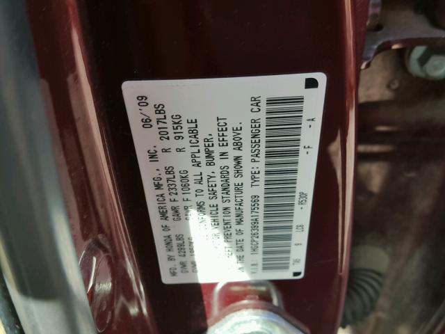 1HGCP26399A175569 - 2009 HONDA ACCORD LX MAROON photo 10