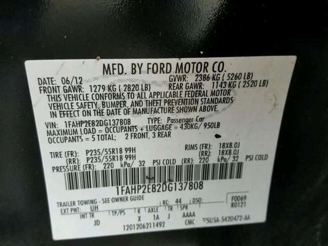 1FAHP2E82DG137808 - 2013 FORD TAURUS SEL BLACK photo 10