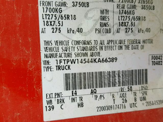 1FTPW14544KA66389 - 2004 FORD F150 SUPER RED photo 10