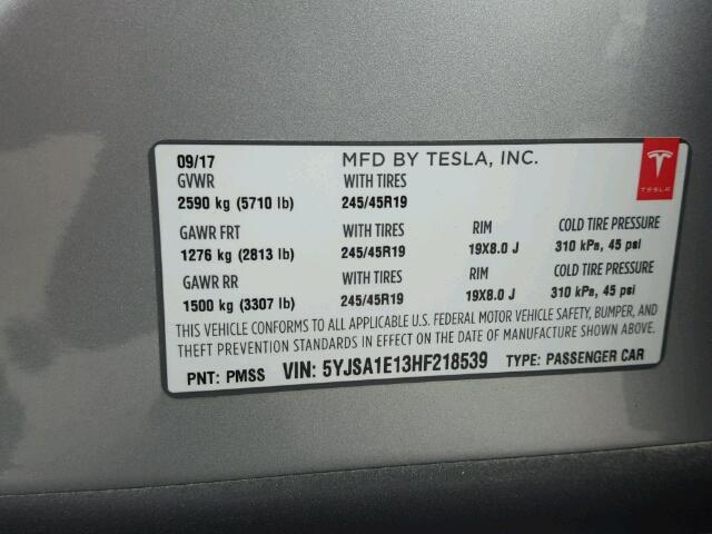 5YJSA1E13HF218539 - 2017 TESLA MODEL S SILVER photo 10