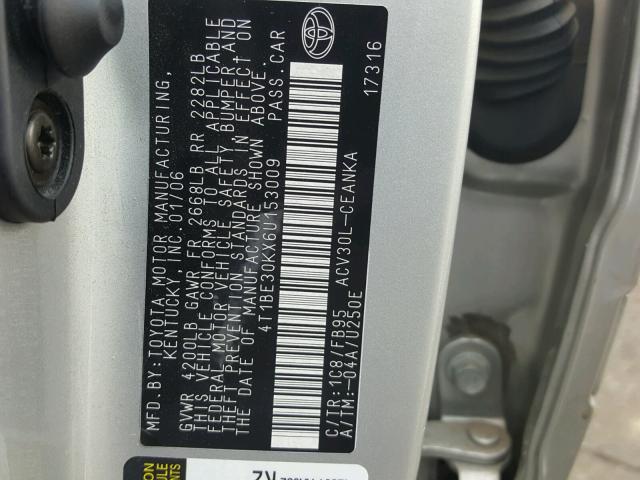 4T1BE30KX6U153009 - 2006 TOYOTA CAMRY LE 银色 照片 10