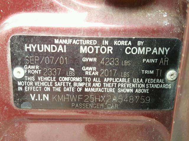 KMHWF25HX2A548759 - 2002 HYUNDAI SONATA BURGUNDY photo 10