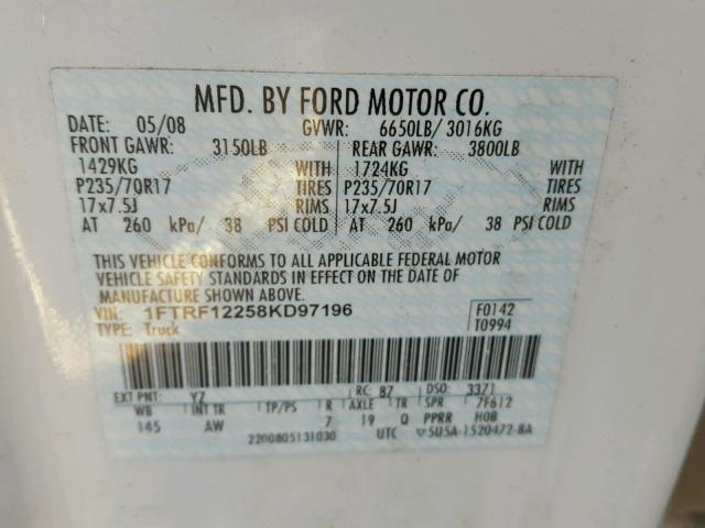 1FTRF12258KD97196 - 2008 FORD F150 WHITE photo 10