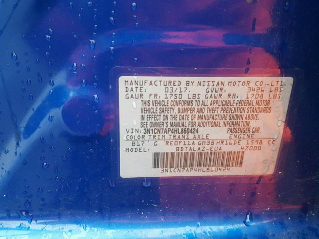 3N1CN7AP4HL860424 - 2017 NISSAN VERSA S BLUE photo 10