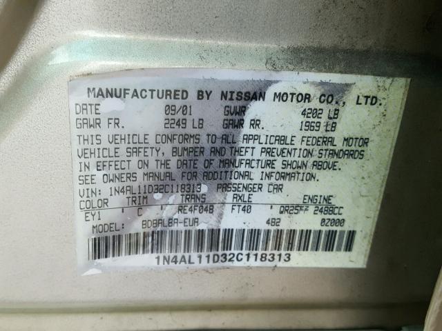 1N4AL11D32C118313 - 2002 NISSAN ALTIMA BAS GOLD photo 10