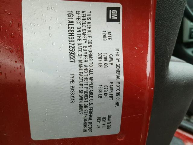 1G1AL58H597259227 - 2009 CHEVROLET COBALT LT RED photo 10