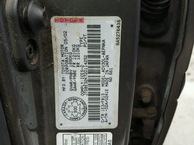 JTDBE32K720114252 - 2002 TOYOTA CAMRY LE GRAY photo 10