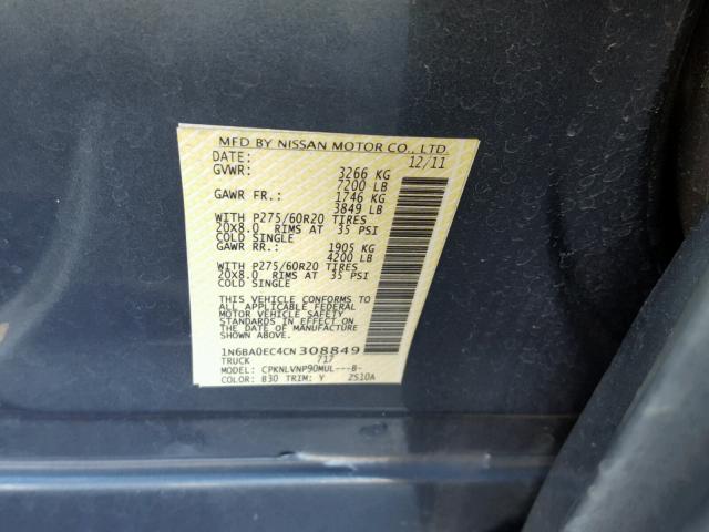 1N6BA0EC4CN308849 - 2012 NISSAN TITAN S BLUE photo 10