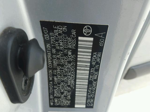 JTDBR32E670131775 - 2007 TOYOTA COROLLA CE SILVER photo 10