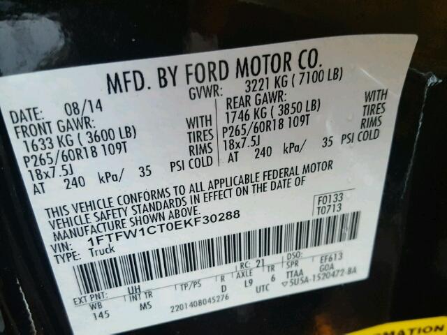 1FTFW1CT0EKF30288 - 2014 FORD F150 SUPER BLACK photo 10