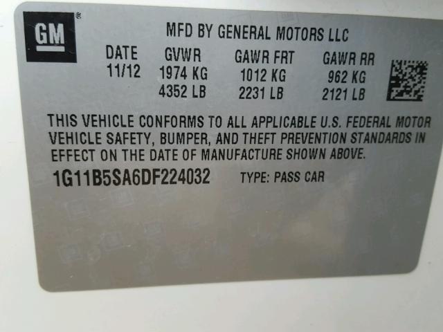 1G11B5SA6DF224032 - 2013 CHEVROLET MALIBU LS თეთრი ფოტო 10