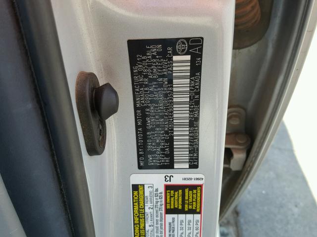 2T1BU4EE9DC935781 - 2013 TOYOTA COROLLA BA SILVER photo 10