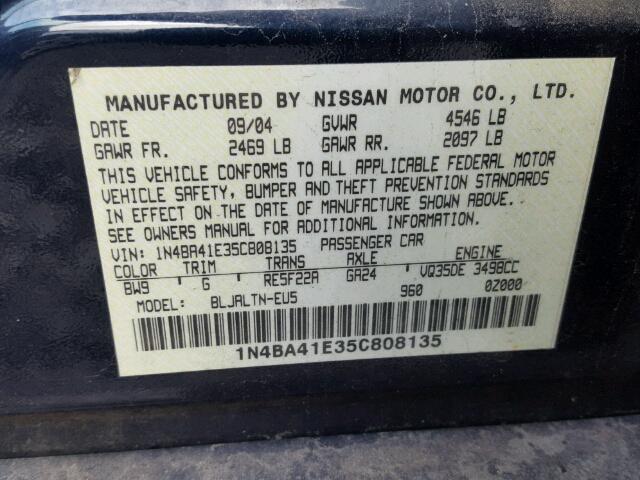 1N4BA41E35C808135 - 2005 NISSAN MAXIMA SE BLUE photo 10