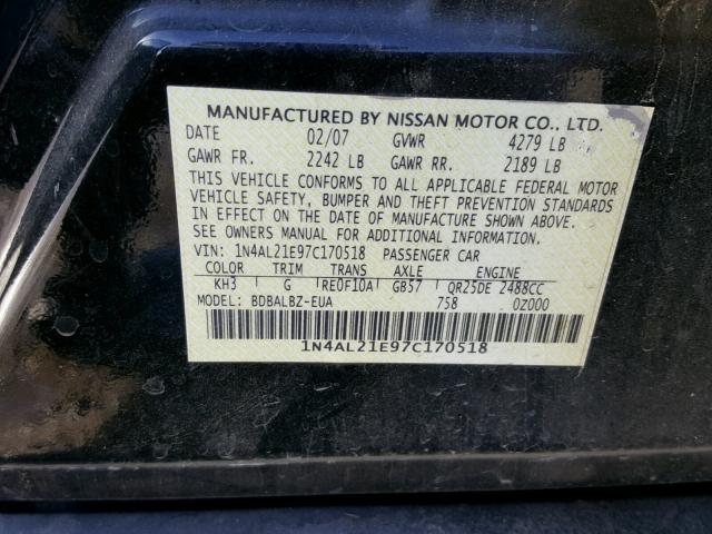 1N4AL21E97C170518 - 2007 NISSAN ALTIMA 2.5 BLACK photo 10