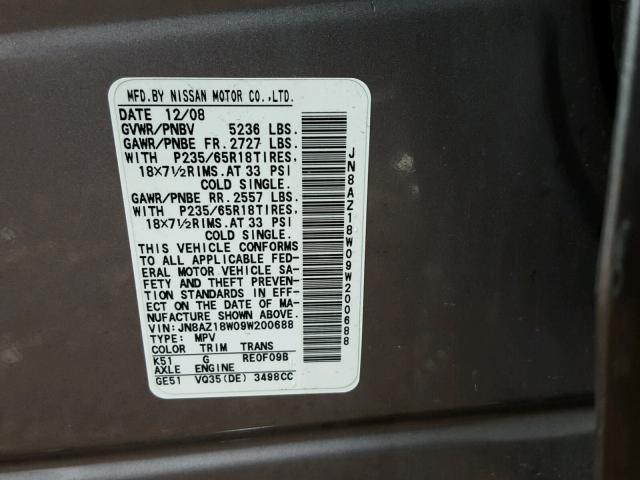 JN8AZ18W09W200688 - 2009 NISSAN MURANO S BEIGE photo 10