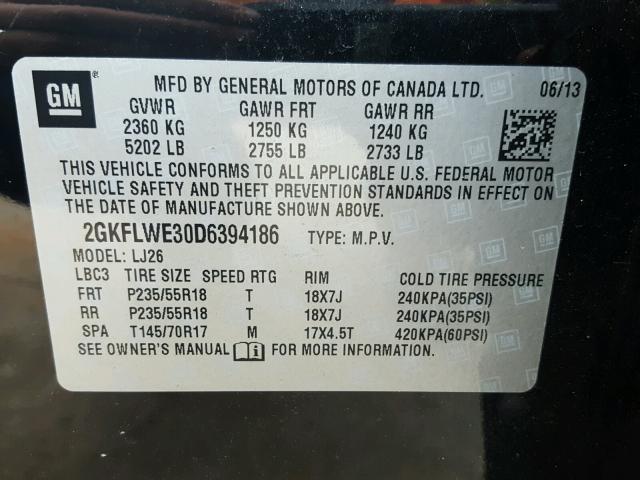 2GKFLWE30D6394186 - 2013 GMC TERRAIN SL BLACK photo 10