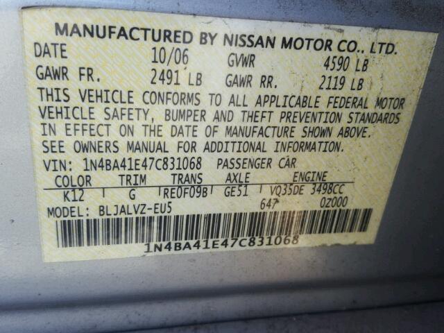 1N4BA41E47C831068 - 2007 NISSAN MAXIMA SE SILVER photo 10