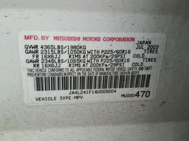 JA4LZ41F14U005004 - 2004 MITSUBISHI OUTLANDER WHITE photo 10