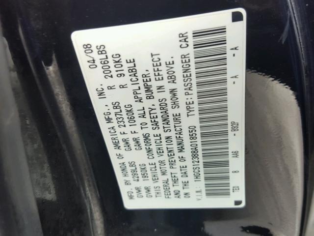 1HGCS12388A018550 - 2008 HONDA ACCORD LX- BLACK photo 10