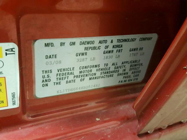 KL1TD66648B251482 - 2008 CHEVROLET AVEO BASE RED photo 10