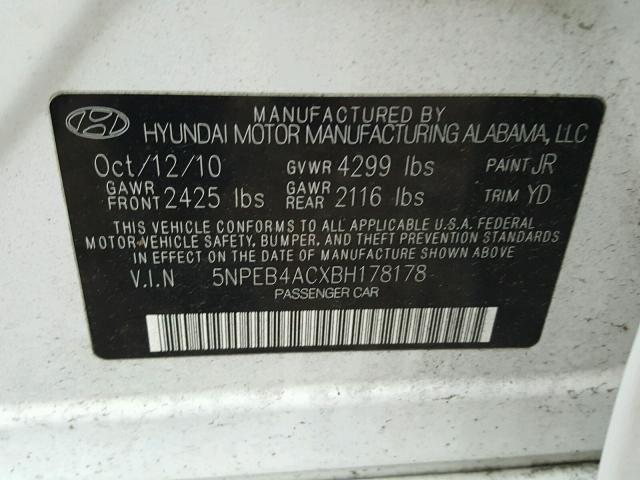 5NPEB4ACXBH178178 - 2011 HYUNDAI SONATA GLS WHITE photo 10