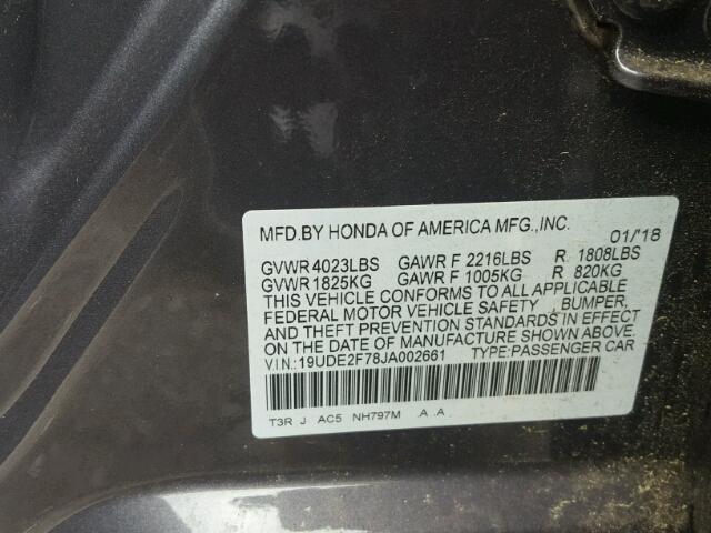 19UDE2F78JA002661 - 2018 ACURA ILX PREMIU GRAY photo 10