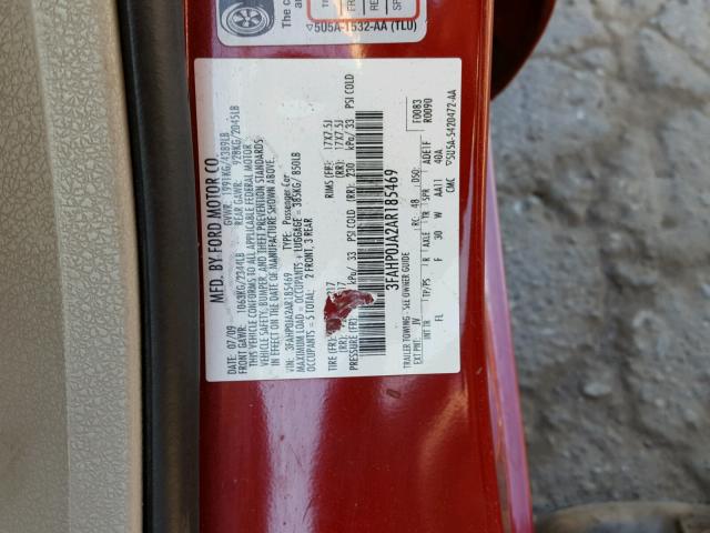 3FAHP0JA2AR185469 - 2010 FORD FUSION SEL RED photo 10
